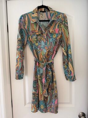 Paisley Print Button-Front Shirt Dress with Tie Waist - Multicolor